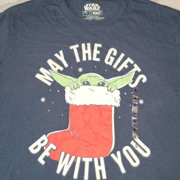 Star Wars Mens Large Yoda May The Gifts Be With You Blue Unisex Christmas TShirt - Picture 2 of 6